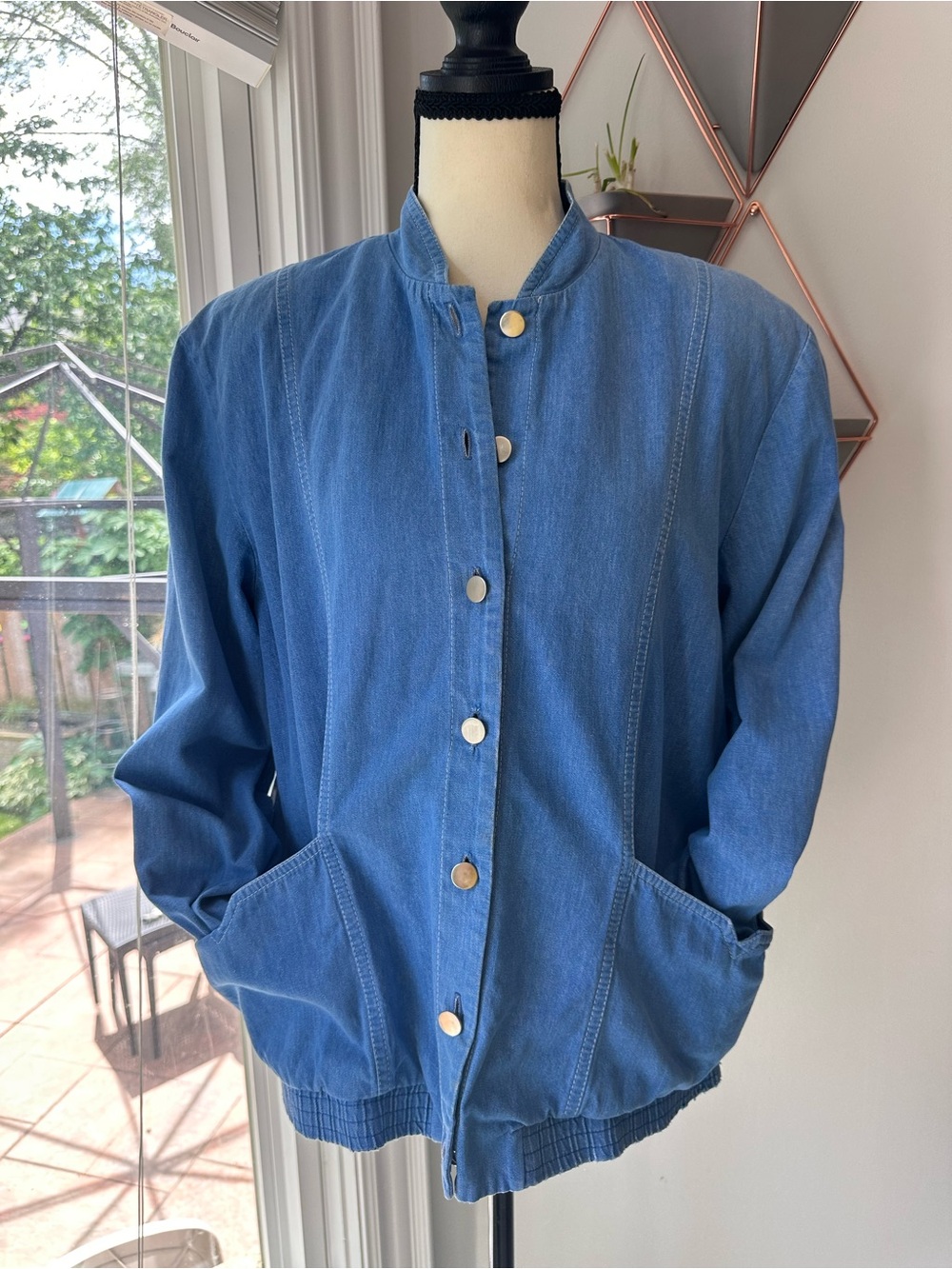 VINTAGE 90s Blue Denim Jean Button-Front Women's Chore Bomber Jacket Size Med